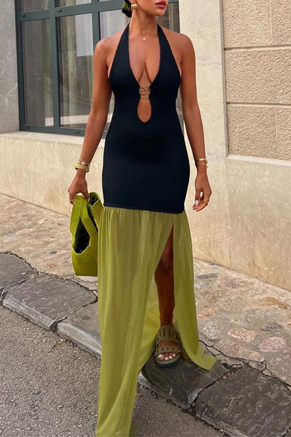 Vestidos largos sexys con cuello halter, espalda descubierta y contraste de patchwork en color sólido