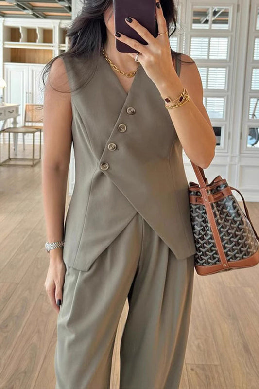 Conjunto casual de dos piezas con botones, escote en V y sin mangas