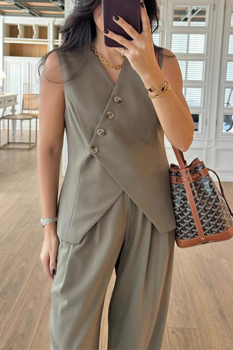 Conjunto casual de dos piezas con botones, escote en V y sin mangas