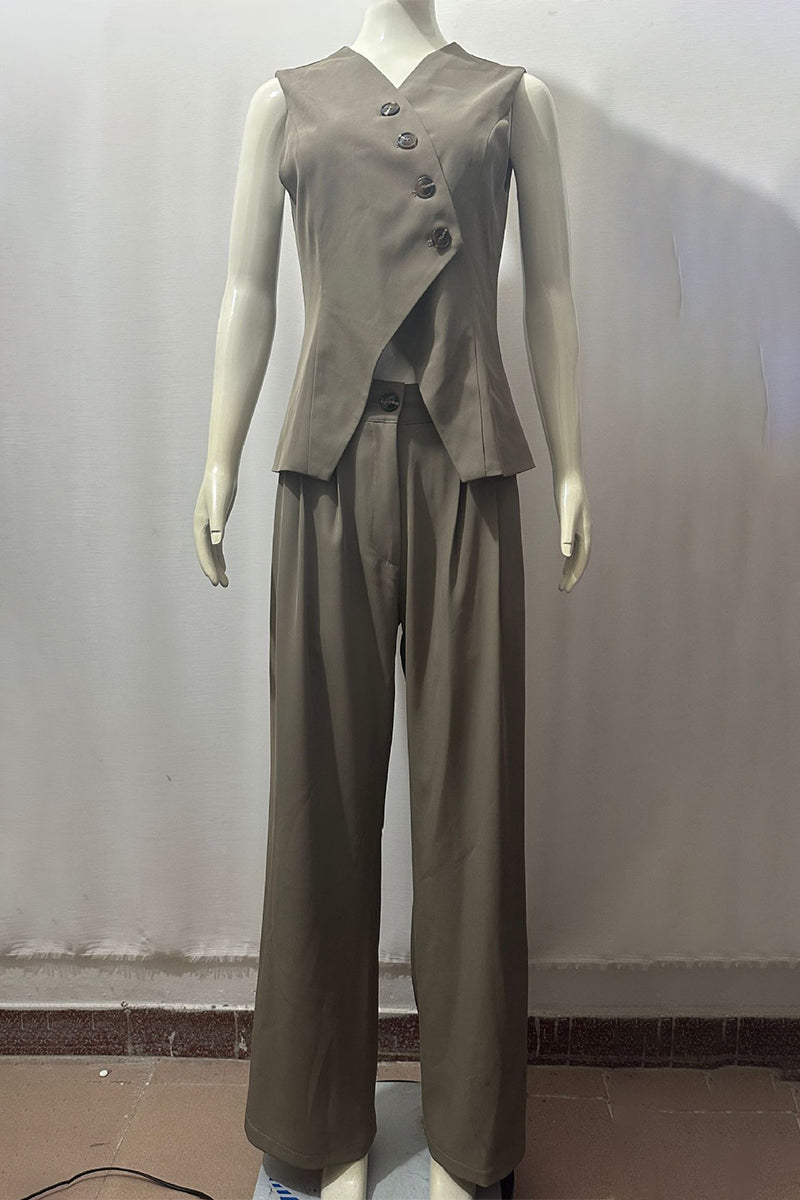 Conjunto casual de dos piezas con botones, escote en V y sin mangas