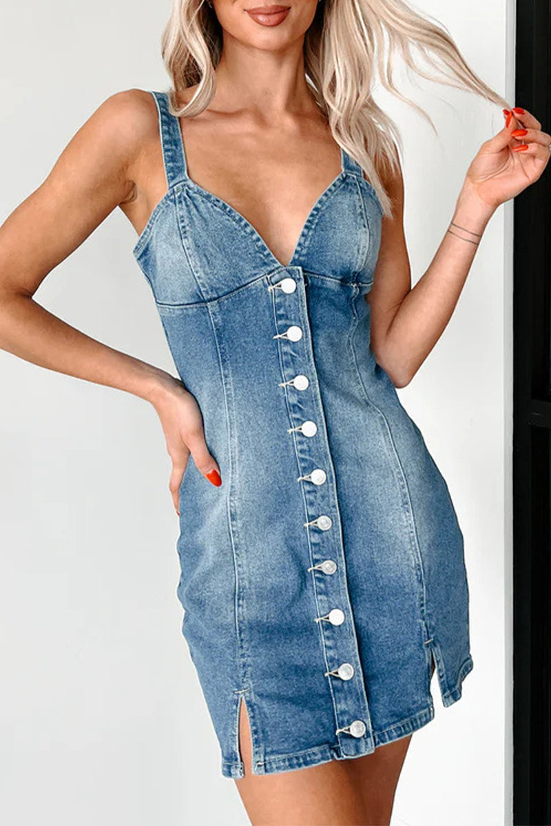Vestidos vaqueros regulares sin mangas con cuello en V y hebilla sexy