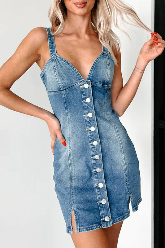 Vestidos vaqueros regulares sin mangas con cuello en V y hebilla sexy
