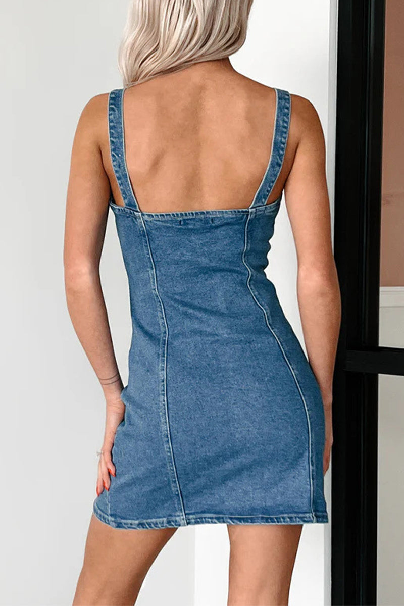 Vestidos vaqueros regulares sin mangas con cuello en V y hebilla sexy