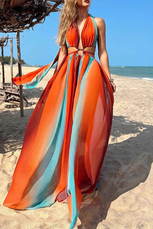 Vestidos largos sexis con cuello halter, espalda descubierta y contraste, con rayas y patchwork