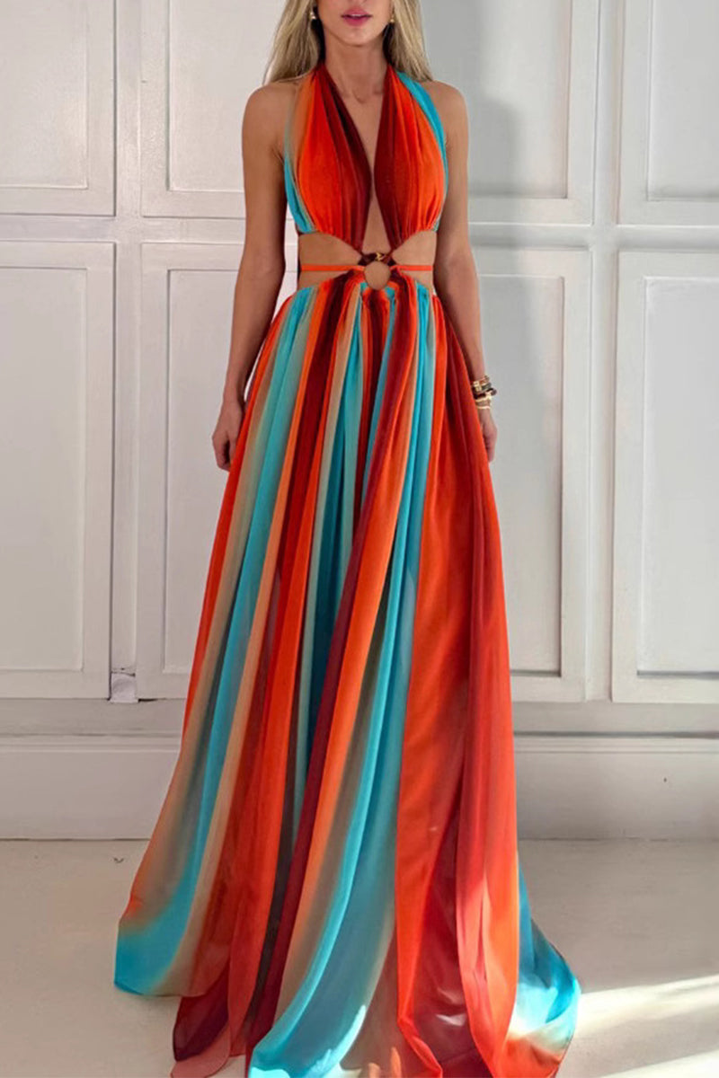 Vestidos largos sexis con cuello halter, espalda descubierta y contraste, con rayas y patchwork