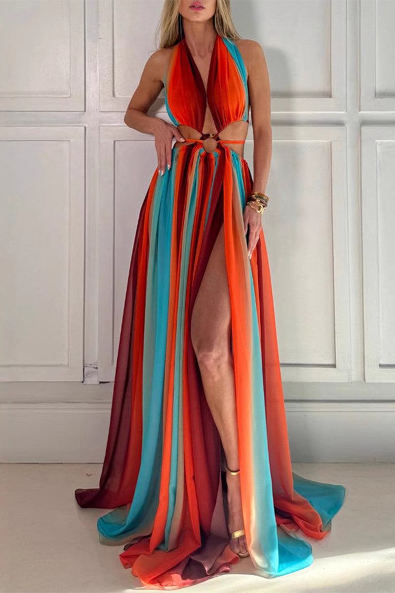 Vestidos largos sexis con cuello halter, espalda descubierta y contraste, con rayas y patchwork