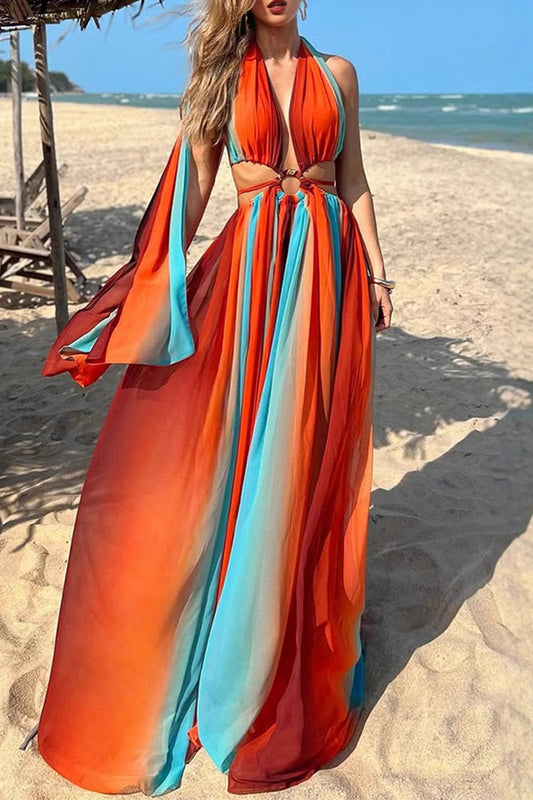 Vestidos largos sexis con cuello halter, espalda descubierta y contraste, con rayas y patchwork