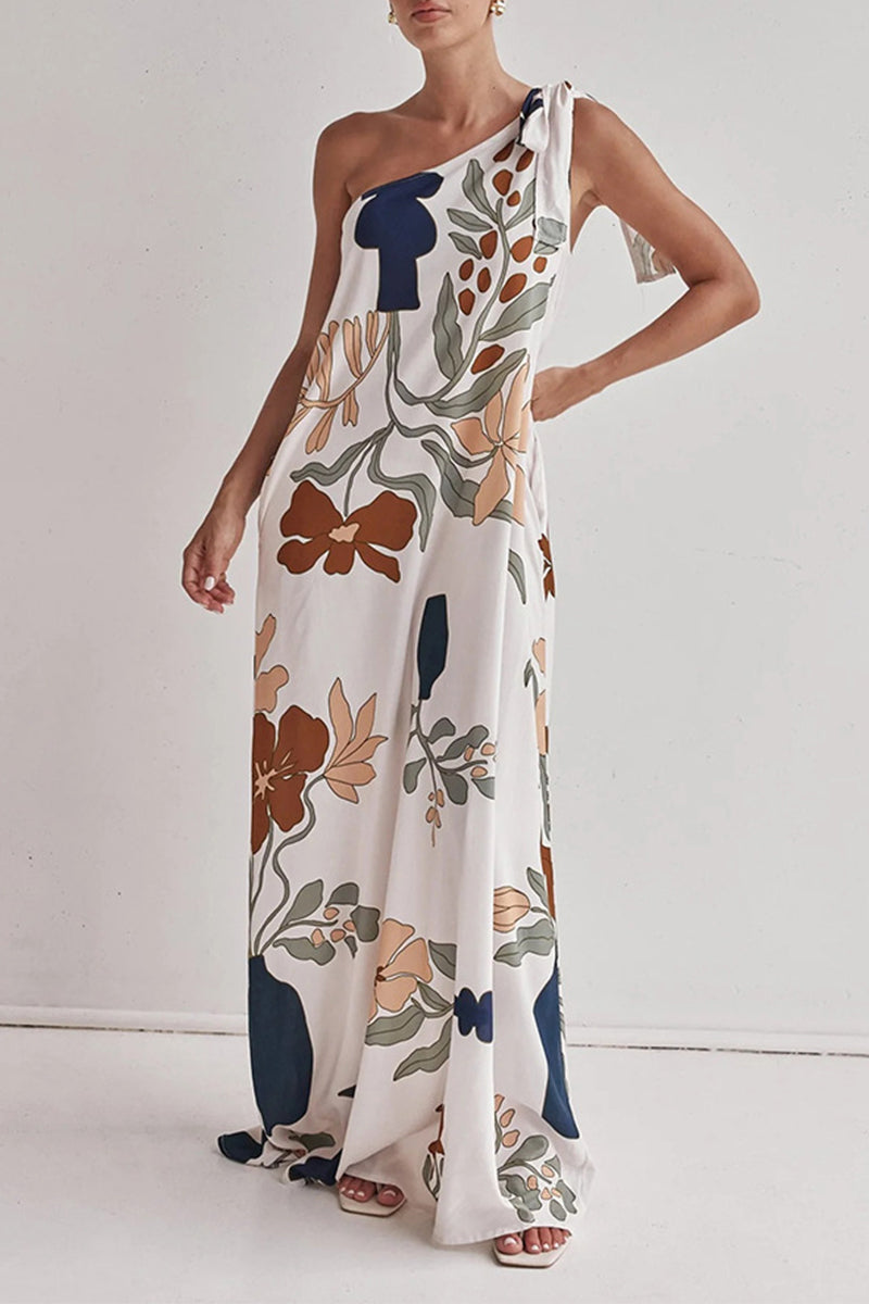 Vestidos largos sexis con estampado floral, bolsillos, cordones y hombros caídos