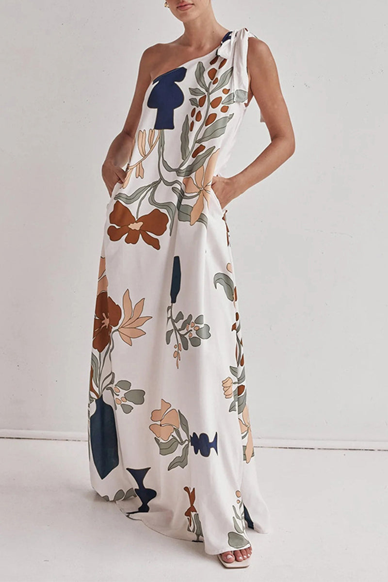 Vestidos largos sexis con estampado floral, bolsillos, cordones y hombros caídos