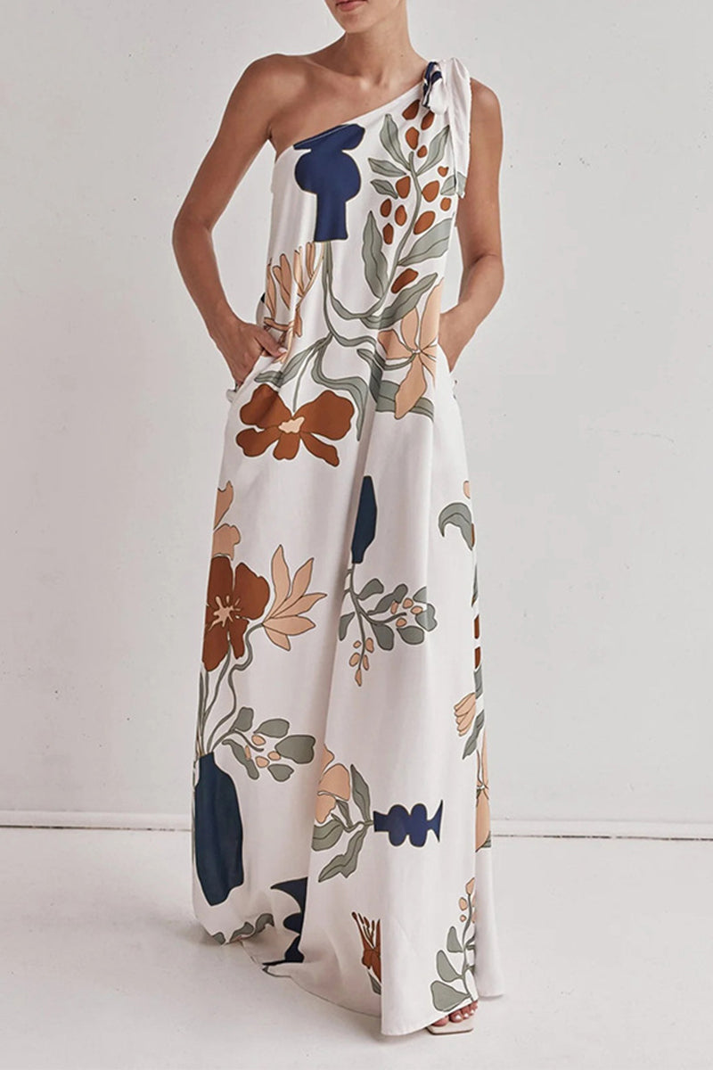 Vestidos largos sexis con estampado floral, bolsillos, cordones y hombros caídos