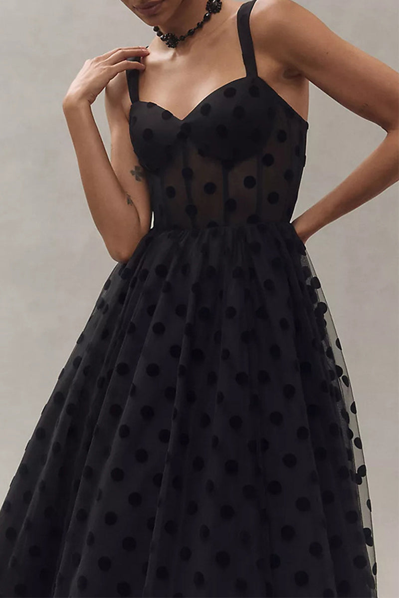 Vestidos de noche sexys con escote en V y malla de lunares y cremallera