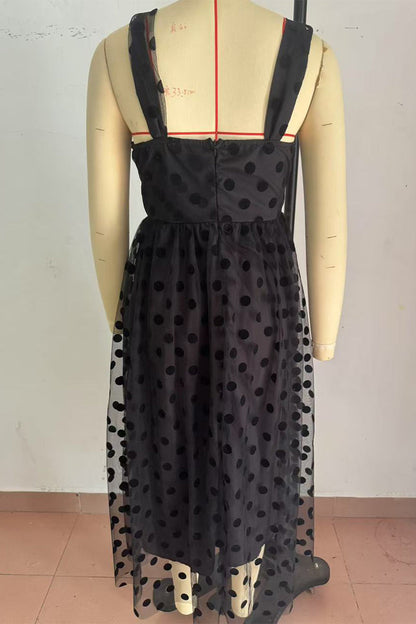 Vestidos de noche sexys con escote en V y malla de lunares y cremallera