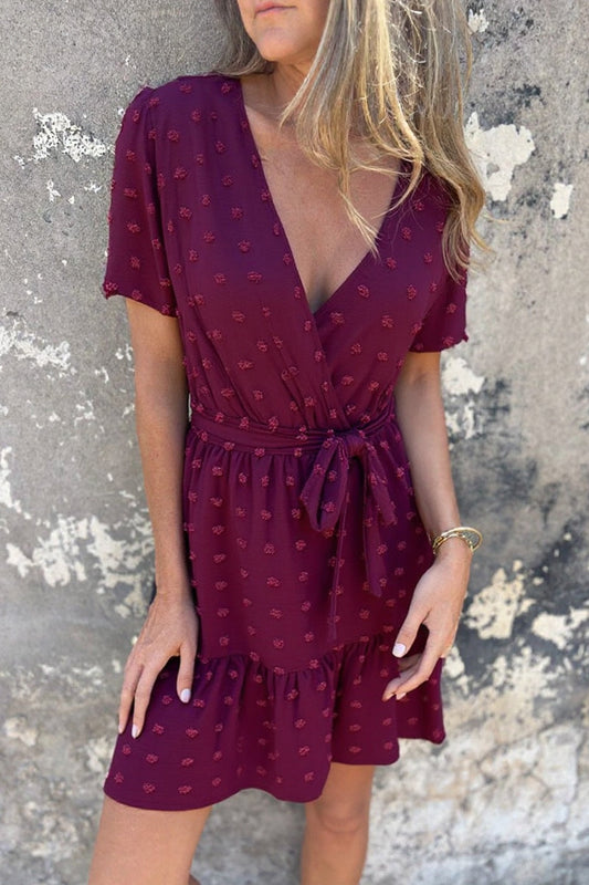 Vestido informal de manga corta con cuello en V, volantes y encaje de bola de pelo