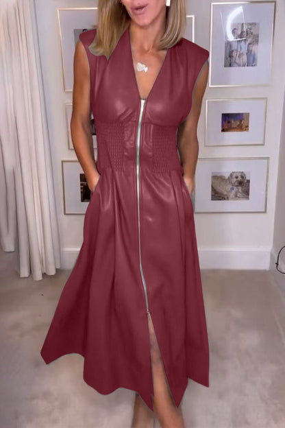 Vestidos casuales sin mangas con cuello en V y cremallera con bolsillos (3 colores)