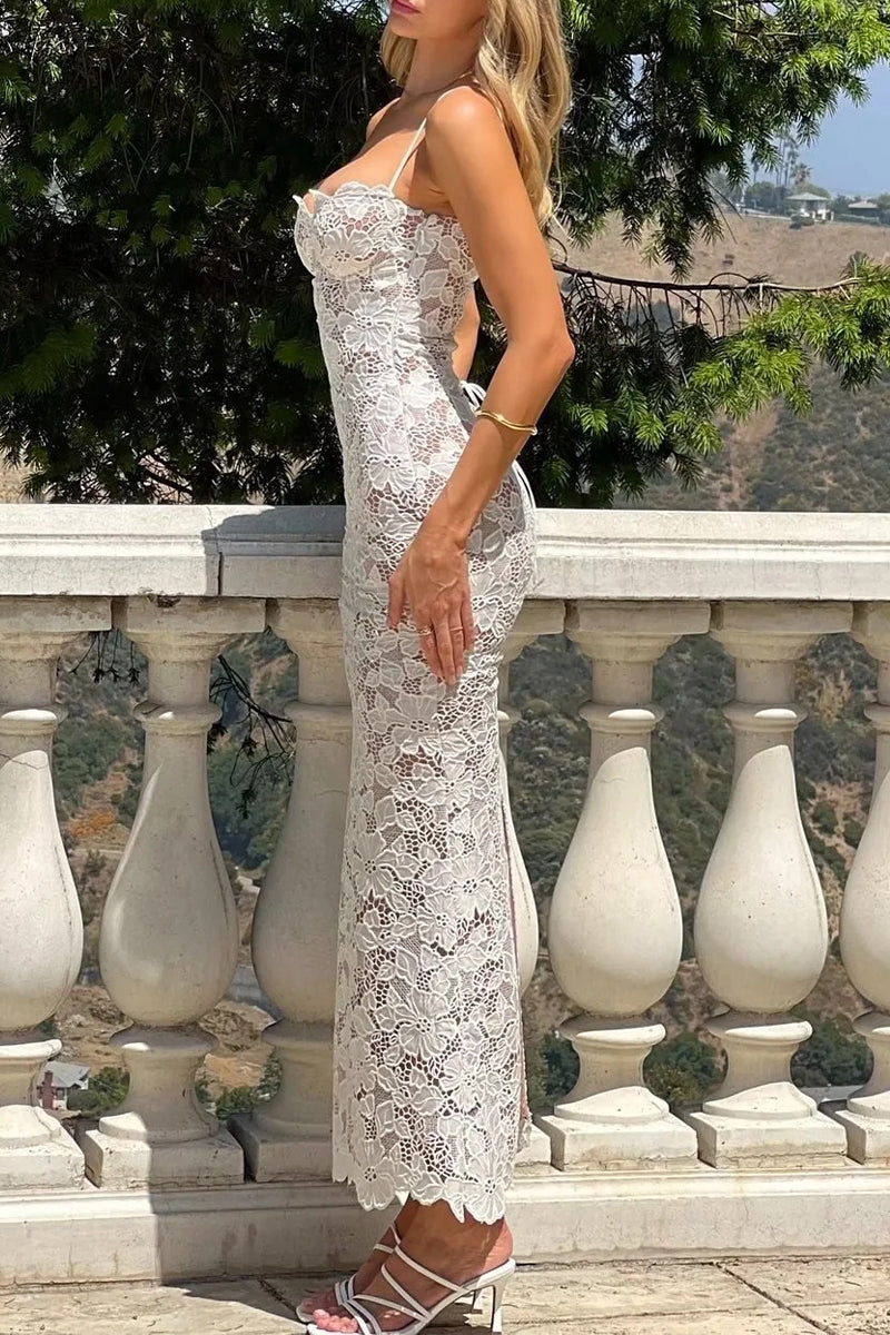 Vestidos largos con escote en V y diseño de tirantes de encaje sexy