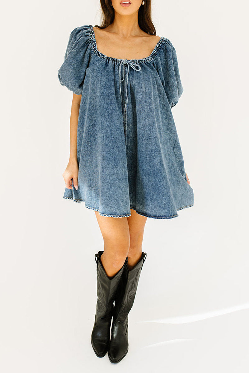 Casual Draw String Pocket Square Neck Short Sleeve Loose Denim Dresses(3 Colors)