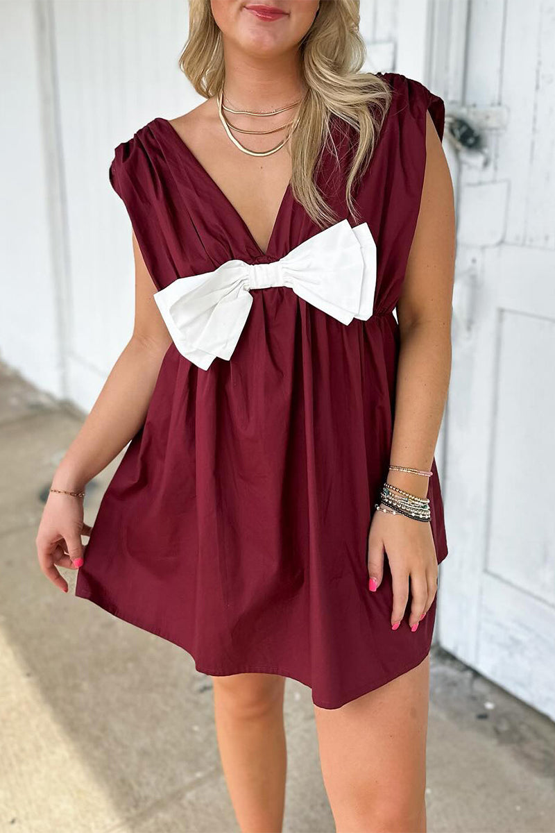 Vestidos diarios sin mangas con cuello en V en contraste y patchwork con lazo