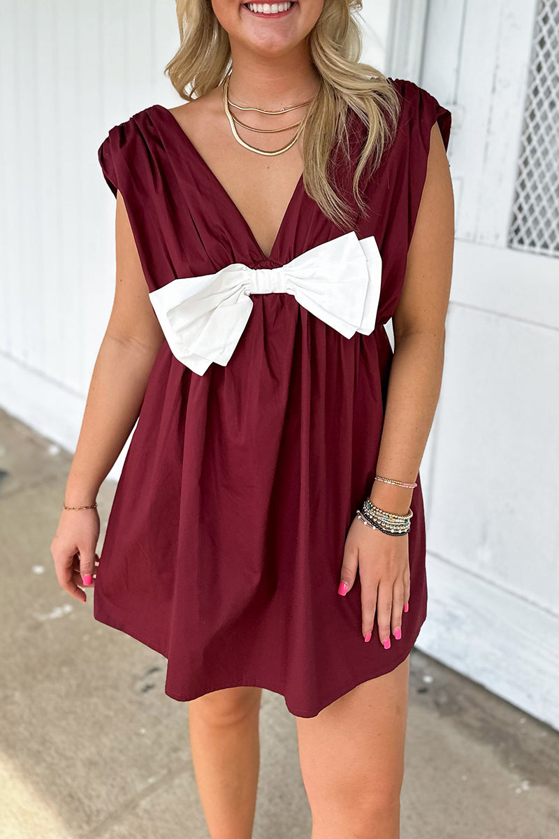 Vestidos diarios sin mangas con cuello en V en contraste y patchwork con lazo