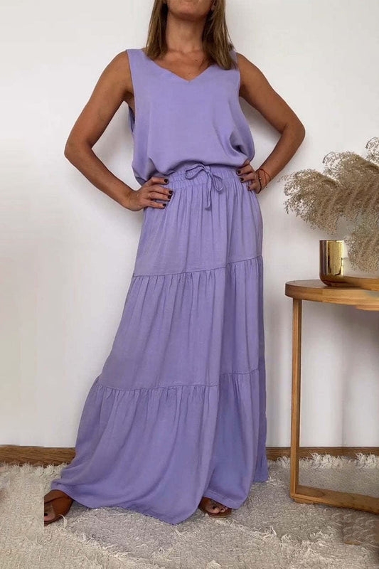Conjunto informal de dos piezas con encaje, volantes, escote en V y sin mangas (6 colores)