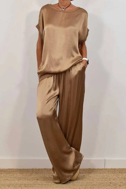 Conjunto informal de dos piezas con bolsillo y cordón, cuello redondo, manga corta (4 colores)