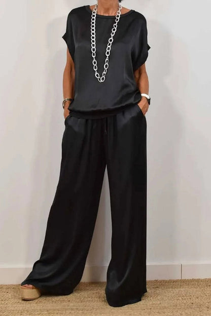 Conjunto informal de dos piezas con bolsillo y cordón, cuello redondo, manga corta (4 colores)