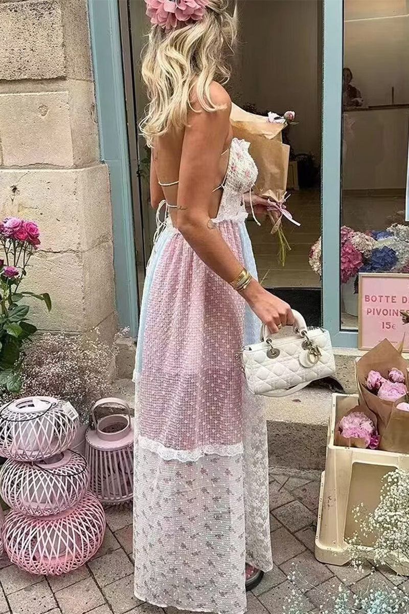 Elegante vestido largo con cuello halter, espalda descubierta, encaje y cordón ajustable con estampado floral