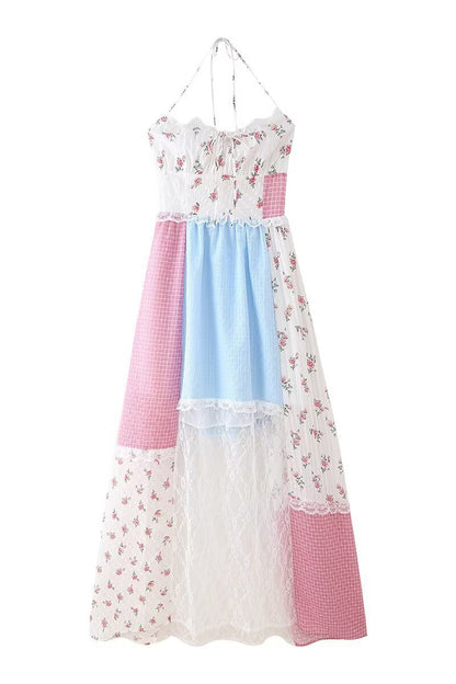 Elegante vestido largo con cuello halter, espalda descubierta, encaje y cordón ajustable con estampado floral
