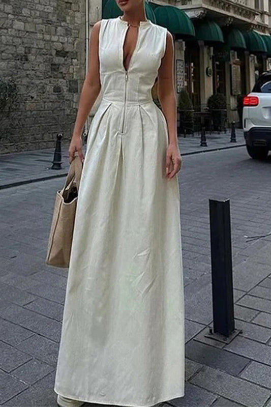 Vestidos largos casuales de calle con bolsillos y cremallera, cuello redondo (3 colores)