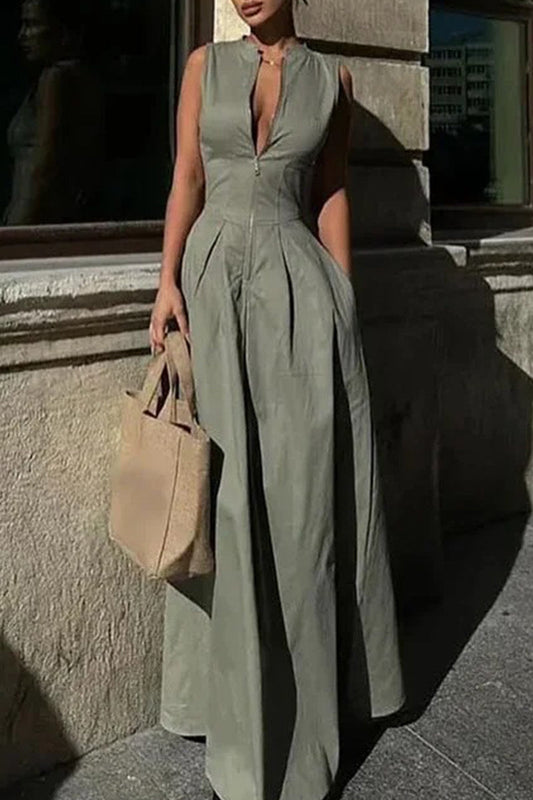 Vestidos largos casuales de calle con bolsillos y cremallera, cuello redondo (3 colores)