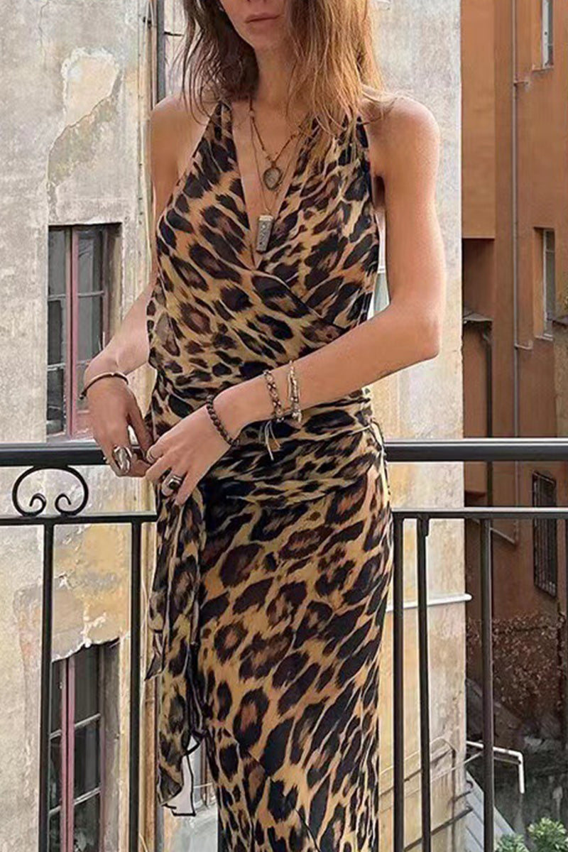 Traje de baño de dos piezas sexy con estampado de leopardo, sin espalda, con cuello halter y sin mangas