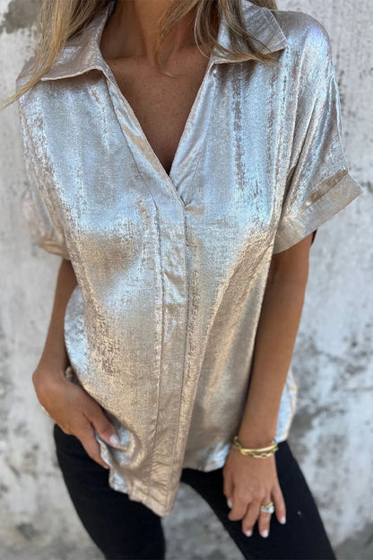 Blusa informal con cuello vuelto y estampado de patchwork en color bronce (5 colores)