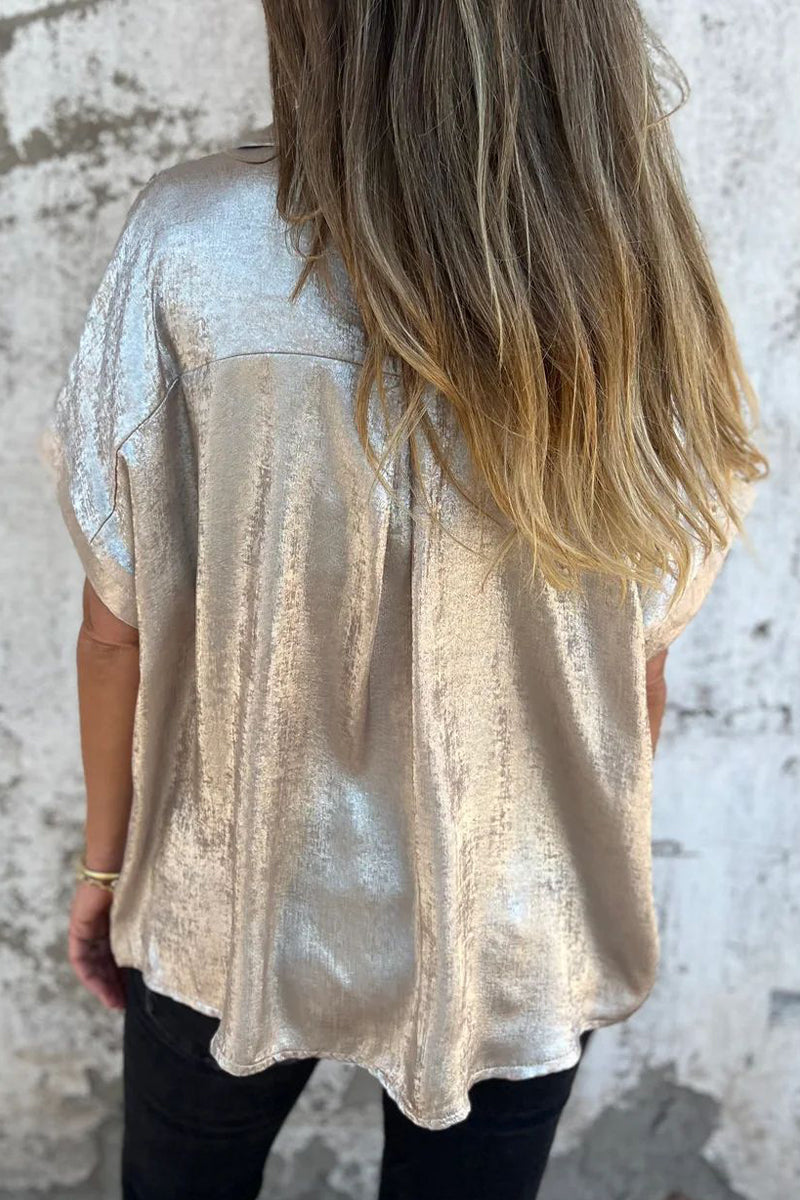 Blusa informal con cuello vuelto y estampado de patchwork en color bronce (5 colores)