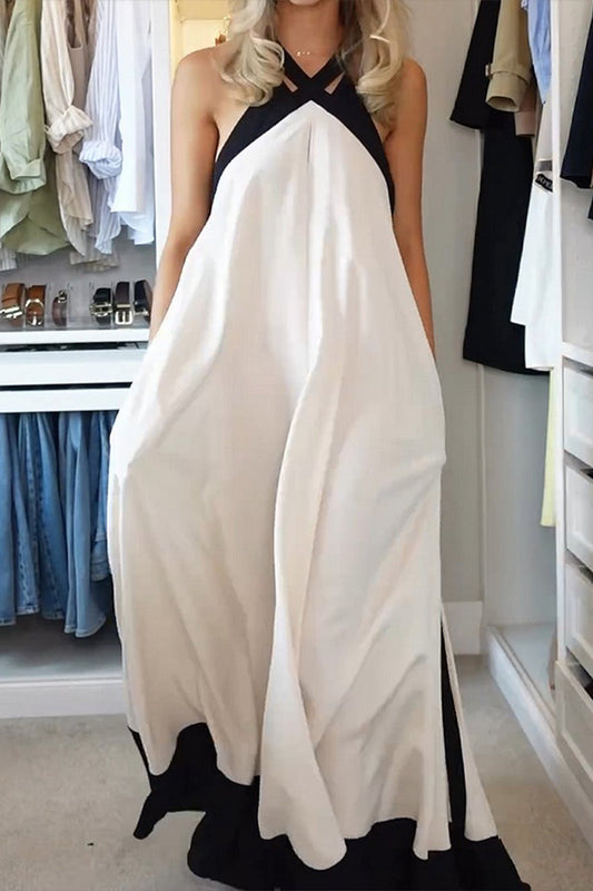 Vestidos largos casuales con cuello halter y contraste de patchwork