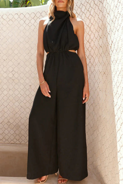 Casual Hollow Out Pocket Halter Loose Jumpsuits(4 Colors)