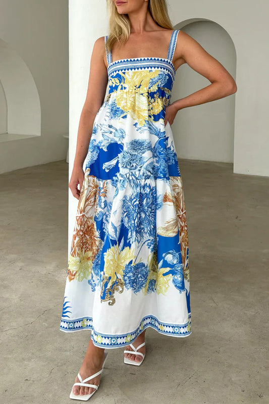 Vestidos tipo honda con escote cuadrado, bolsillos y estampado floral bohemio