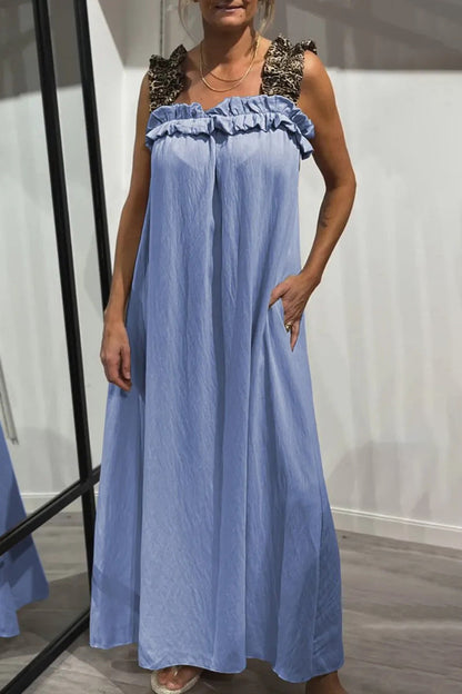 Vestidos largos informales con cuello cuadrado, volantes y bolsillos de leopardo (8 colores)