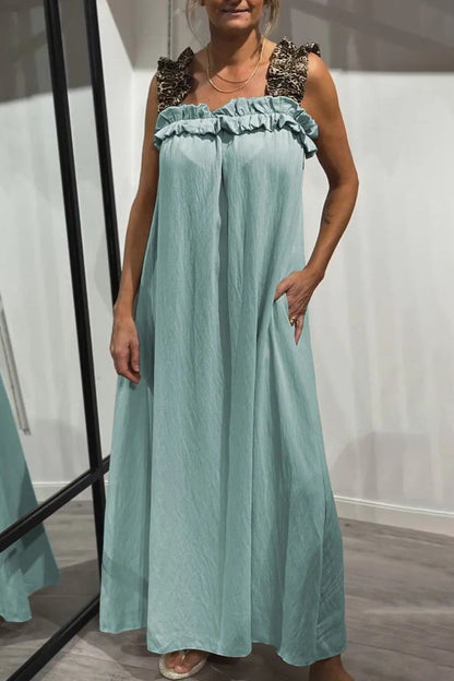 Vestidos largos informales con cuello cuadrado, volantes y bolsillos de leopardo (8 colores)