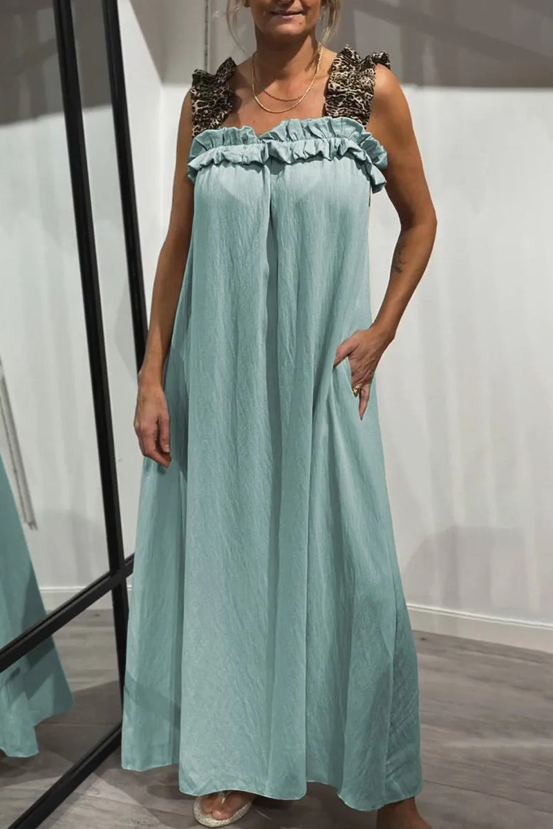 Vestidos largos informales con cuello cuadrado, volantes y bolsillos de leopardo (8 colores)
