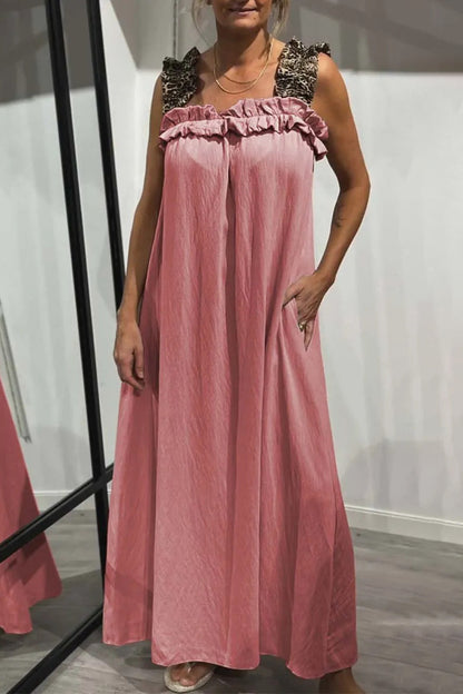 Vestidos largos informales con cuello cuadrado, volantes y bolsillos de leopardo (8 colores)