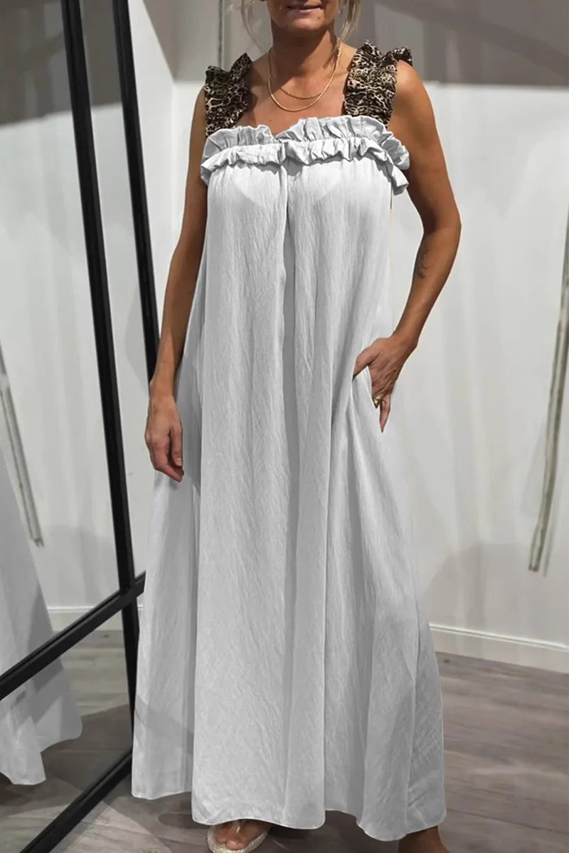 Vestidos largos informales con cuello cuadrado, volantes y bolsillos de leopardo (8 colores)