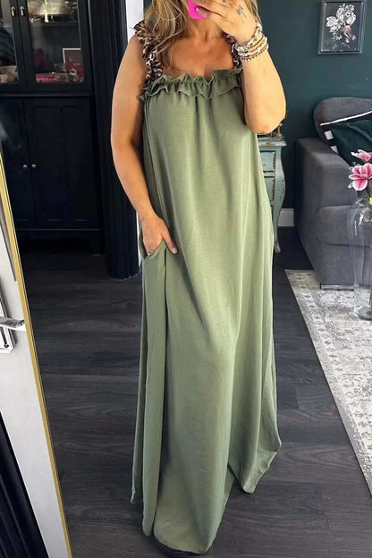 Vestidos largos informales con cuello cuadrado, volantes y bolsillos de leopardo (8 colores)