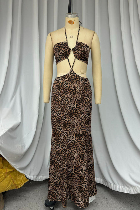 Vestidos irregulares con cuello halter, espalda descubierta y diseño de leopardo sexy