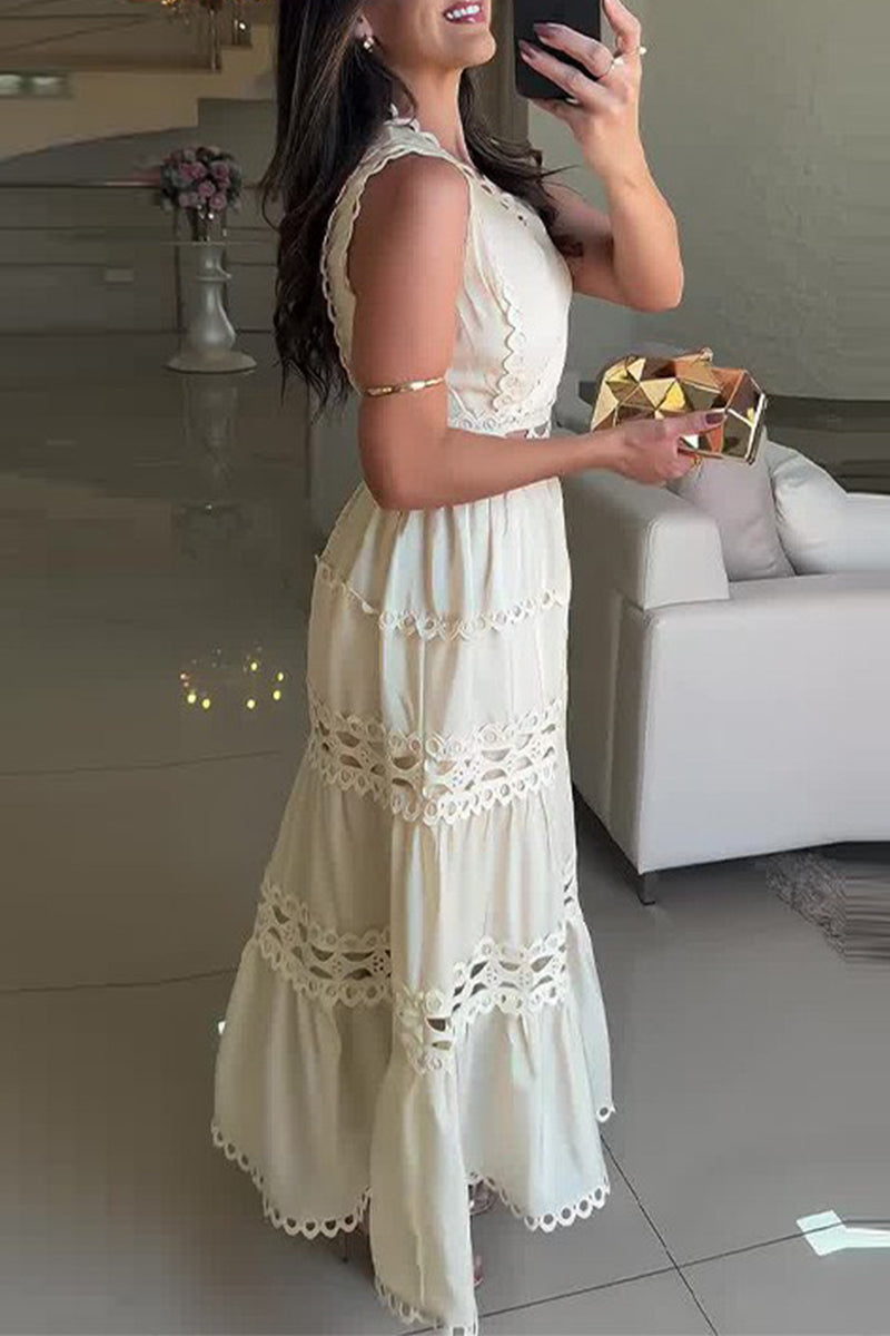 Vestidos casuales bordados con escote en V calado y sin mangas