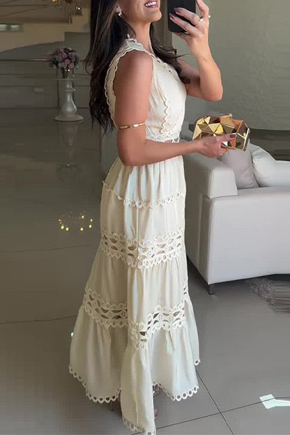 Vestidos casuales bordados con escote en V calado y sin mangas