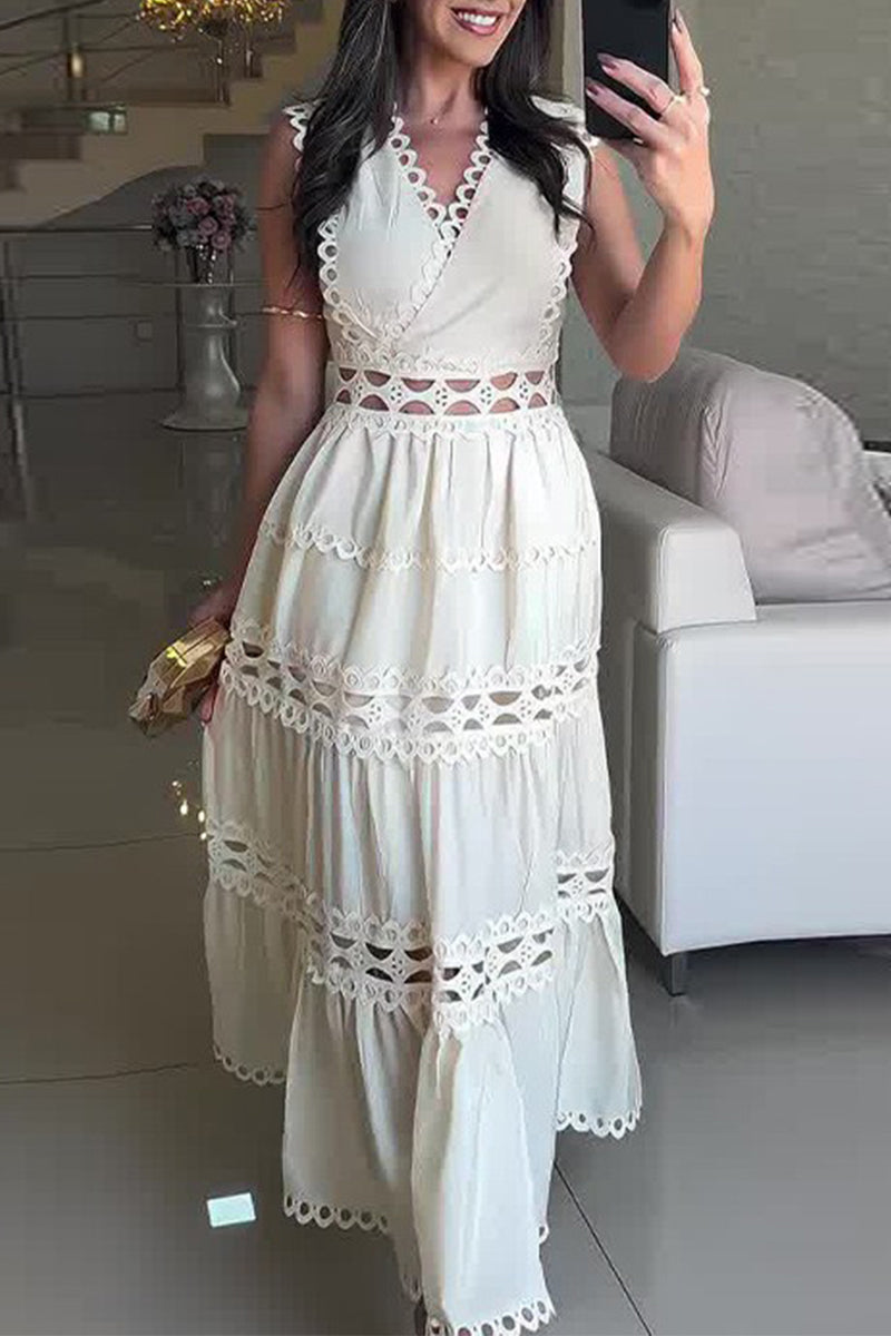 Vestidos casuales bordados con escote en V calado y sin mangas