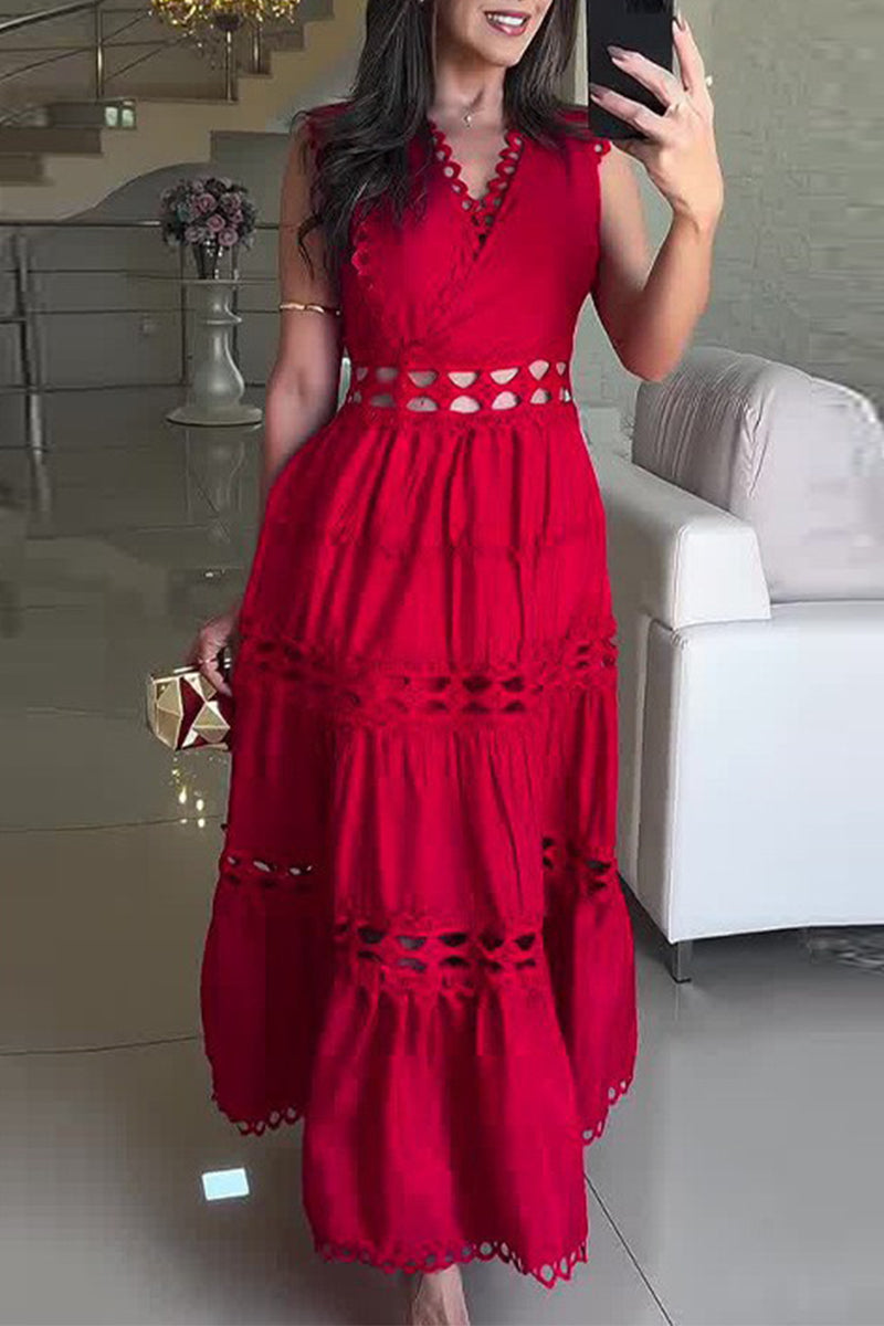 Vestidos casuales bordados con escote en V calado y sin mangas