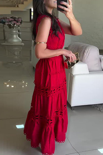 Vestidos casuales bordados con escote en V calado y sin mangas