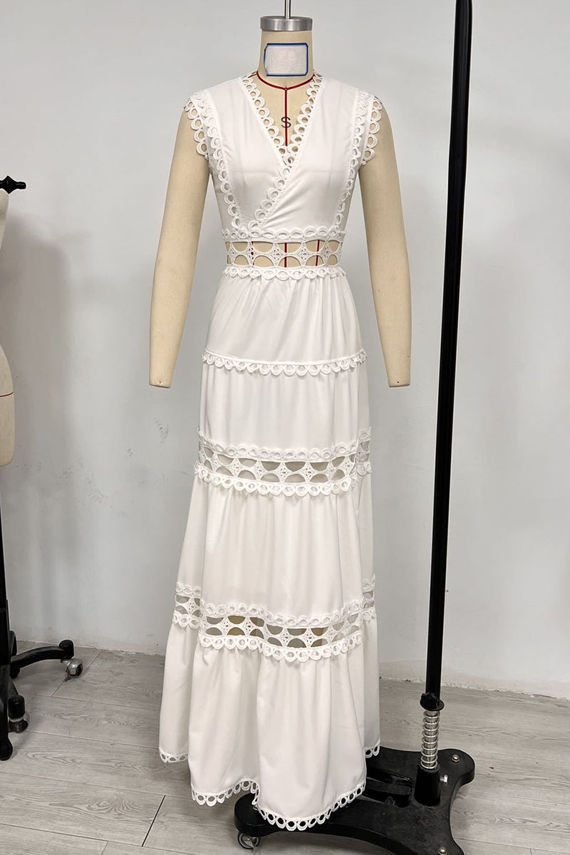 Vestidos casuales bordados con escote en V calado y sin mangas