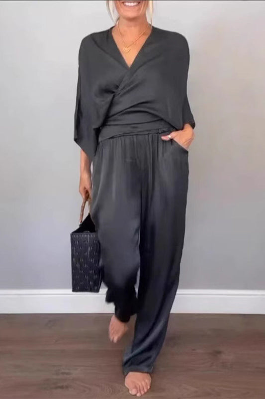 Conjunto informal de dos piezas con cuello en V y bolsillo (7 colores)