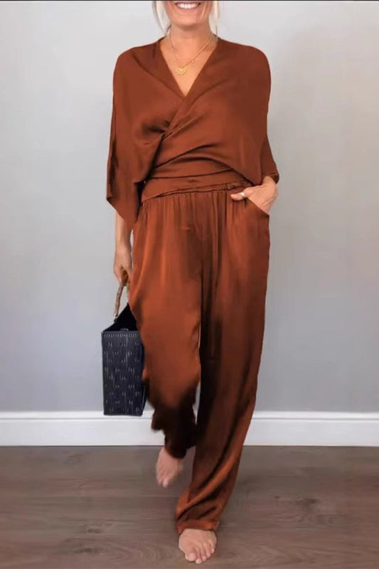 Conjunto informal de dos piezas con cuello en V y bolsillo (7 colores)